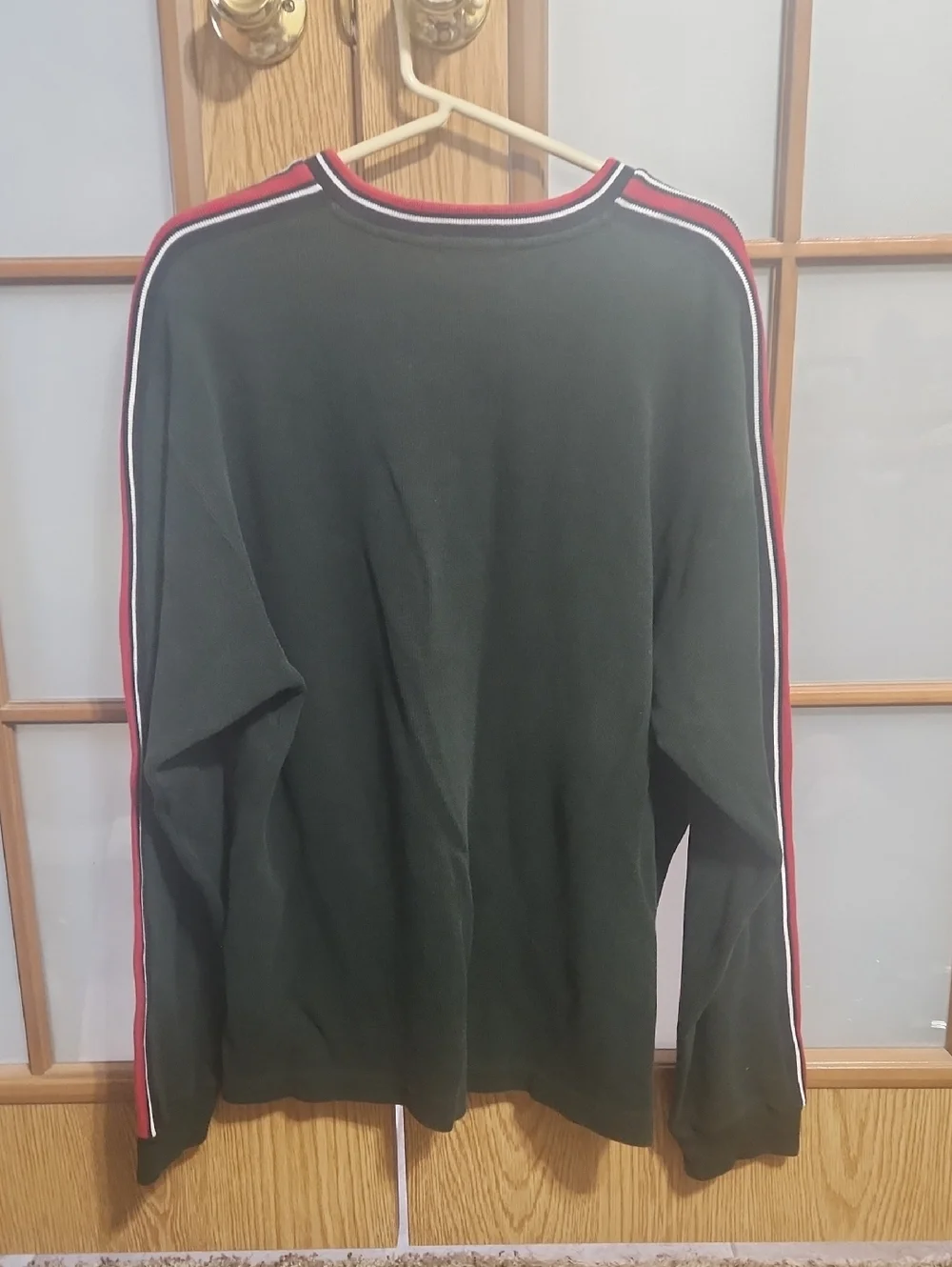 J. Crew Men's Dark Green V-Neck Sweater with Red and White Trim XL